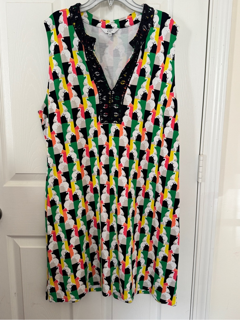 Crown & Ivy XL Elephant Print Sleeveless Dress Blue Crochet Trim Colorful